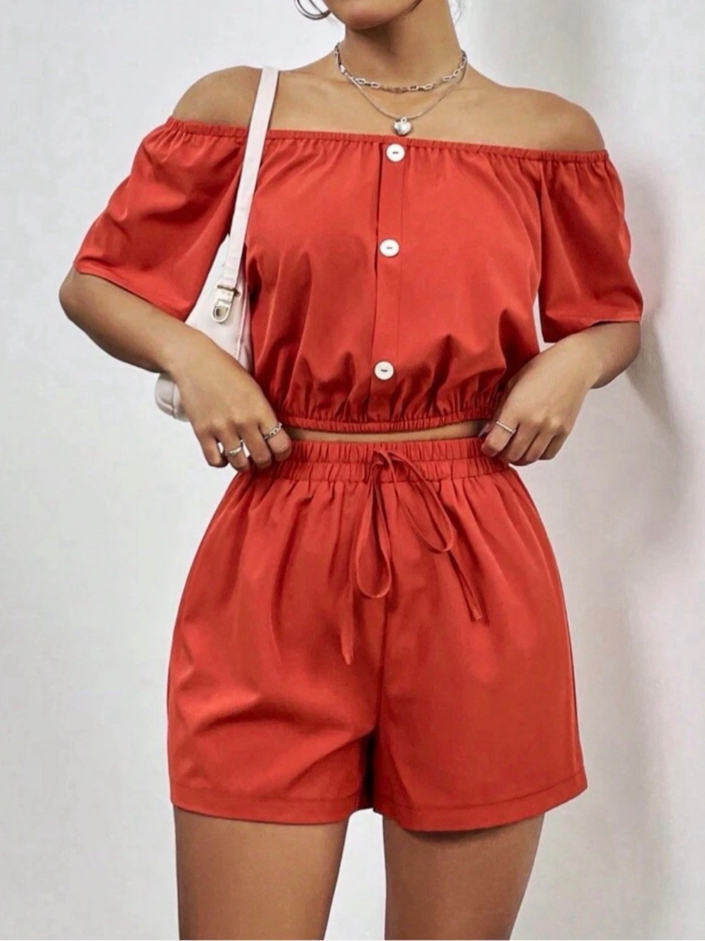 SHEIN Women’s Orange Off-Shoulder Short Sleeve Button Front Romper, M  2pieces